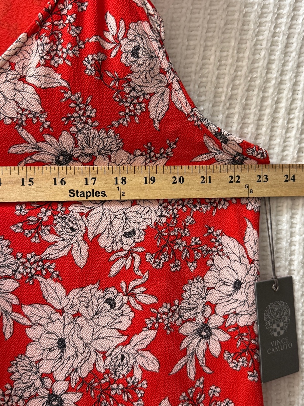 NWT Vince Camuto Women Dress Sz 16 Red Floral Boho Ruffle V-Neck Textured Crepe - Picture 9 of 11